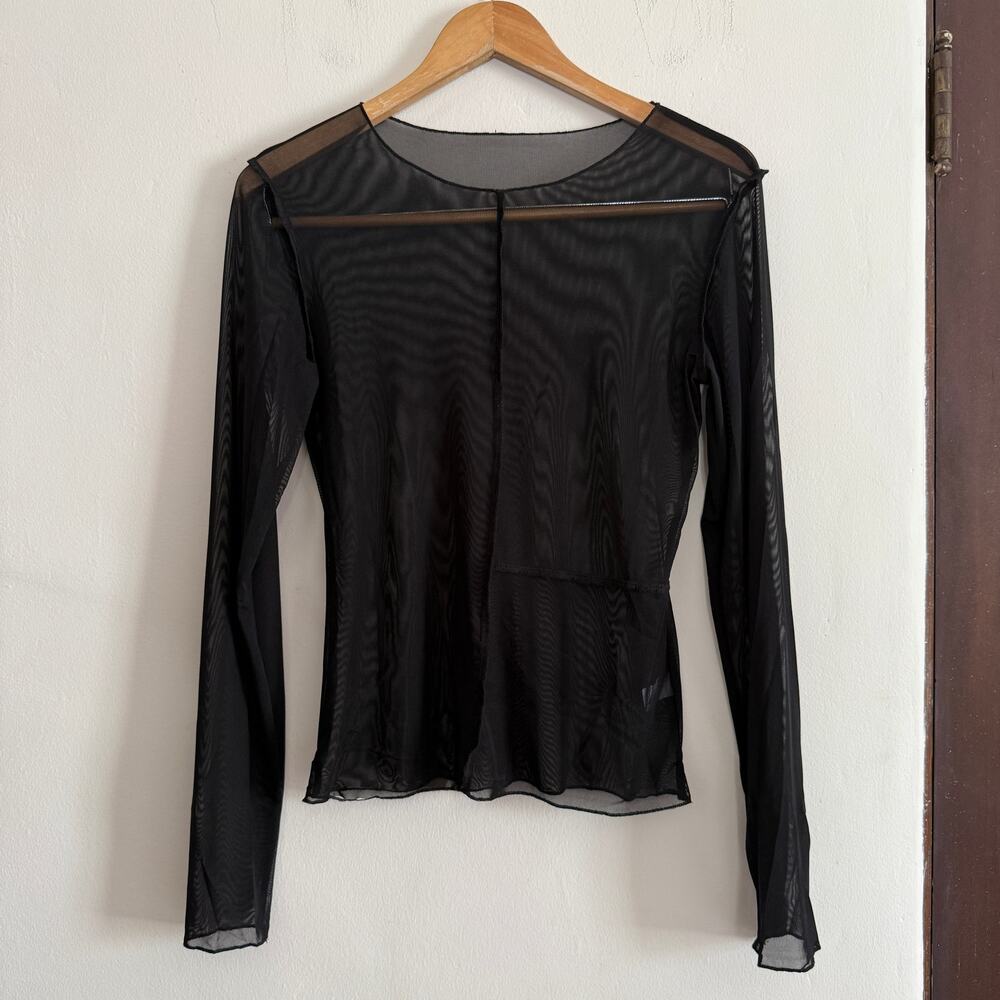 Black Sheer Mesh Asymmetrical Seamed Long Sleeve Top Small Goth Industrial Rave